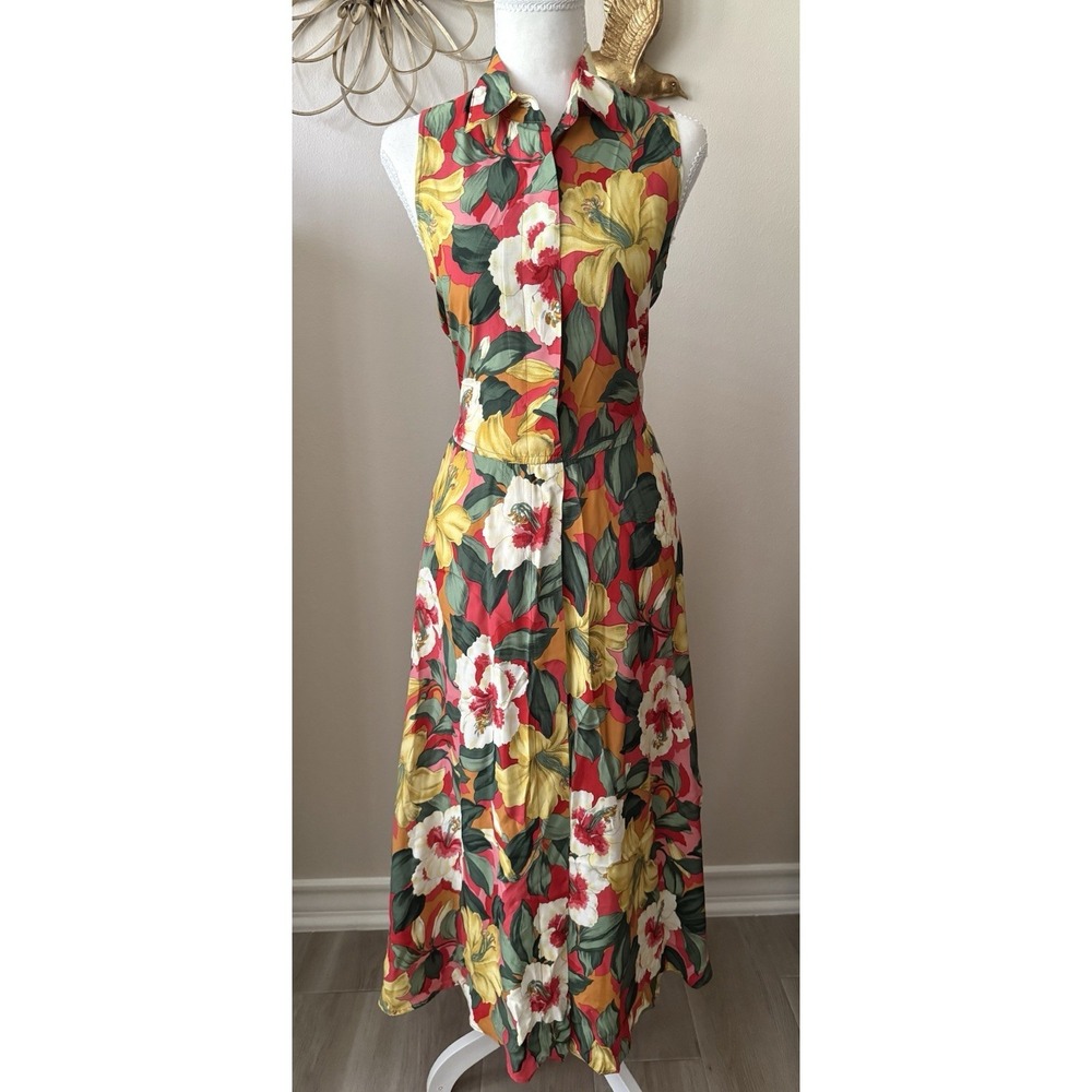Vintage Carol Anderson California Tropical Floral Midi Dress Collared Size 6